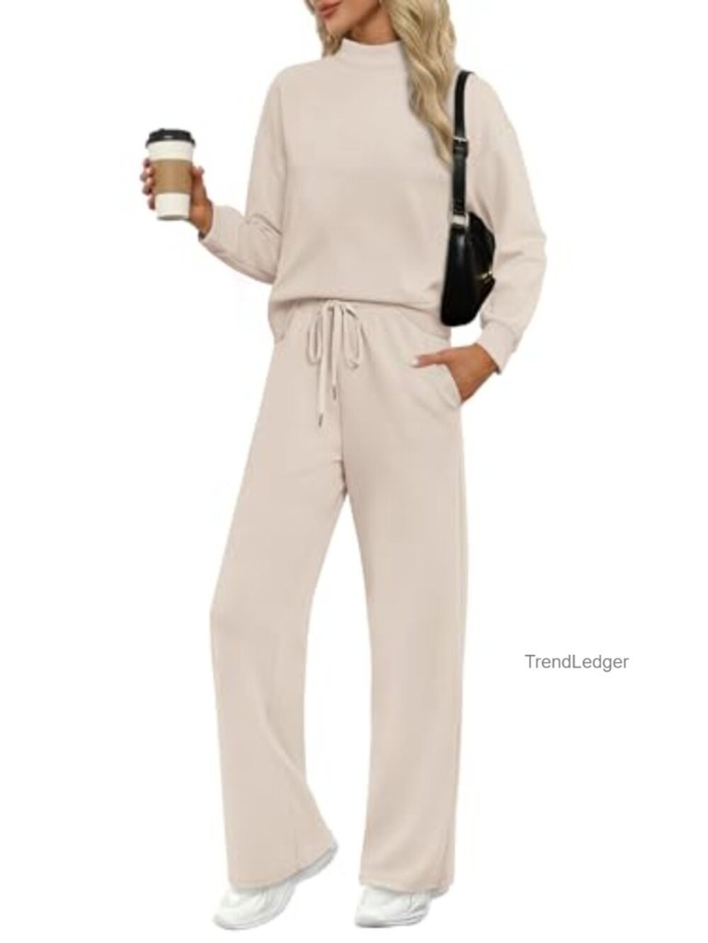 Two Piece Lounge Set Mock Neck Long Sleeve Wide Leg Pants Pockets Casual